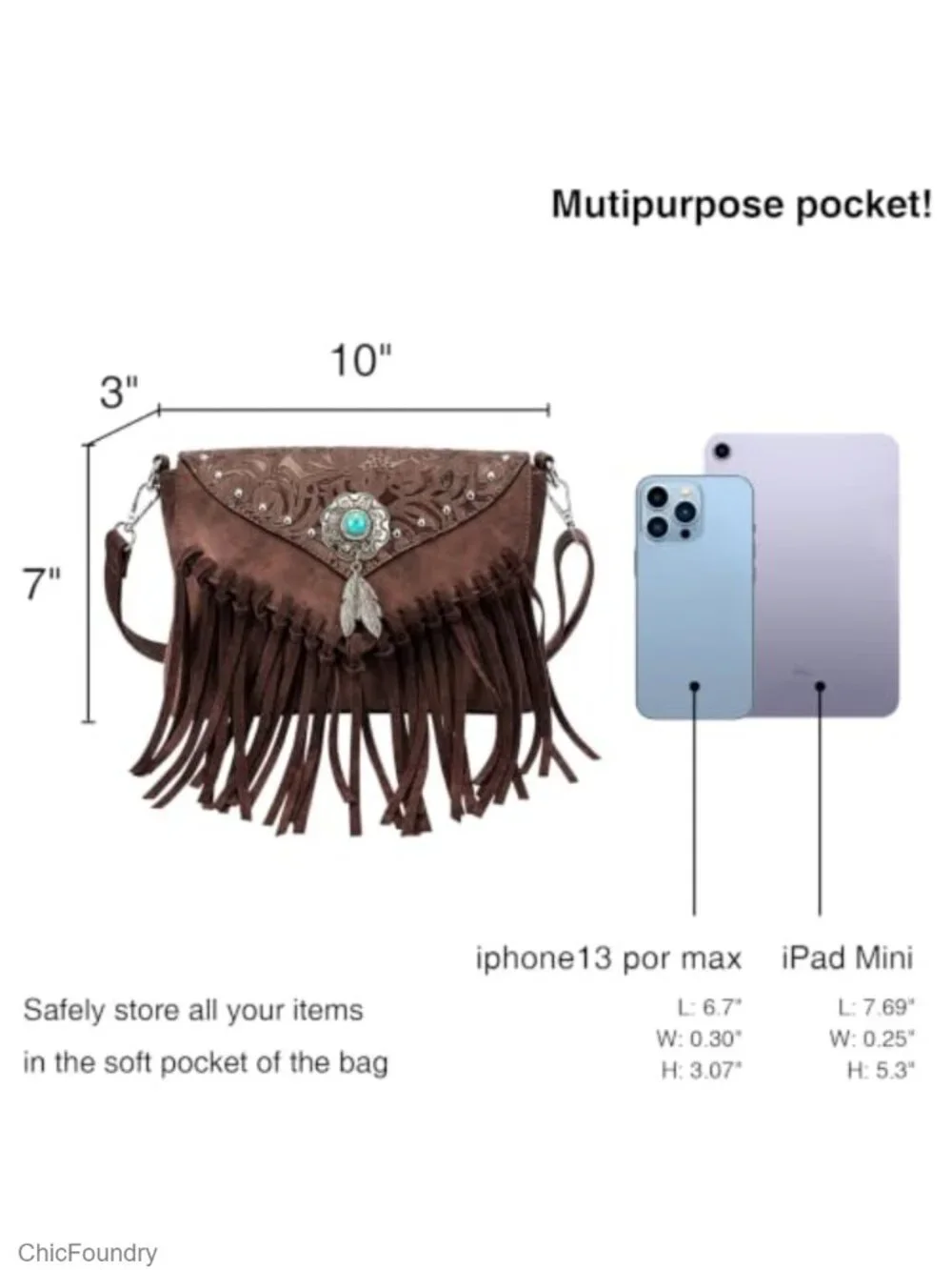 Small Faux Leather Crossbody Bag with Fringe Tassel and Turquoise Concho